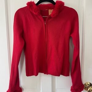 Red Zip-Up Sweater with Faux Fur Trim